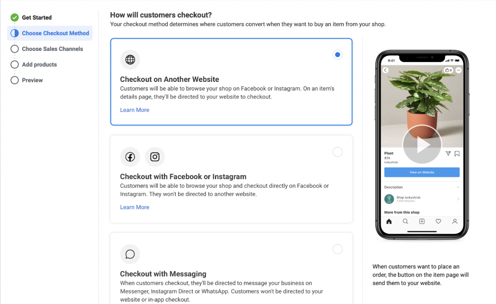 Choose Facebook Instagram Checkout
